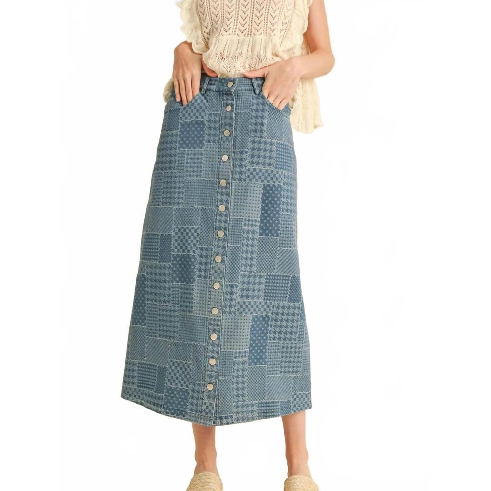 NEW MERCI patchwork midi denim skirt in blue